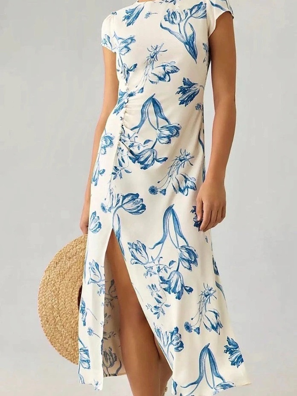 Reformation Frasier Dress Floral Midi Dress in White & Blue
